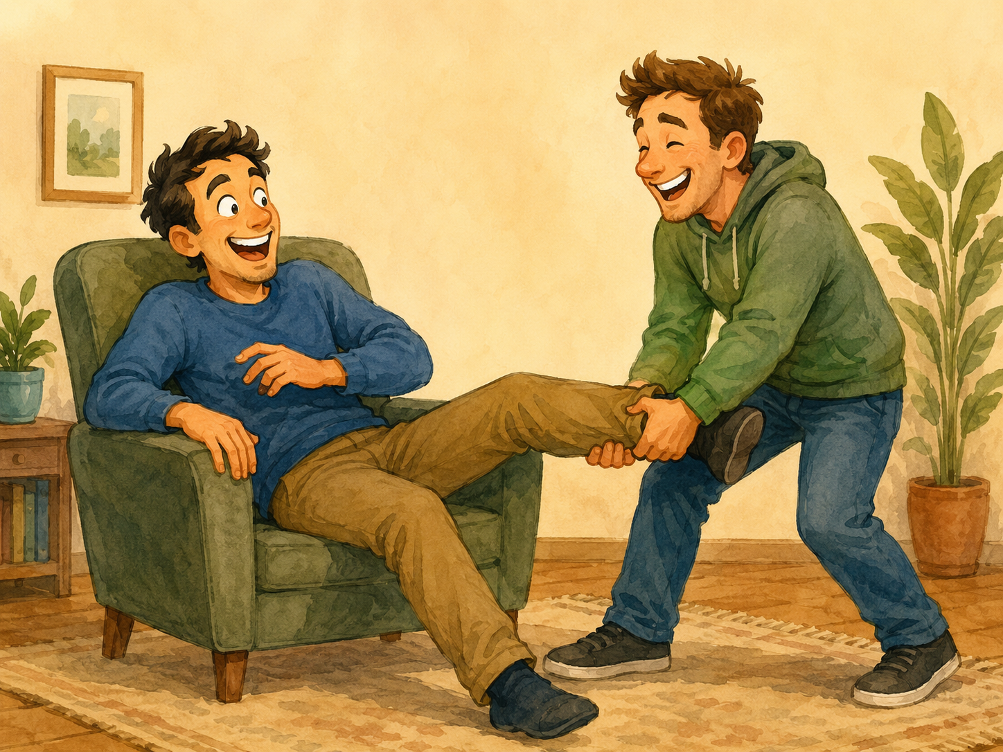 Ilustración cómica de una broma entre dos personas