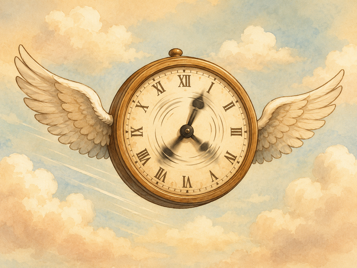 Ilustración divertida de un reloj volando