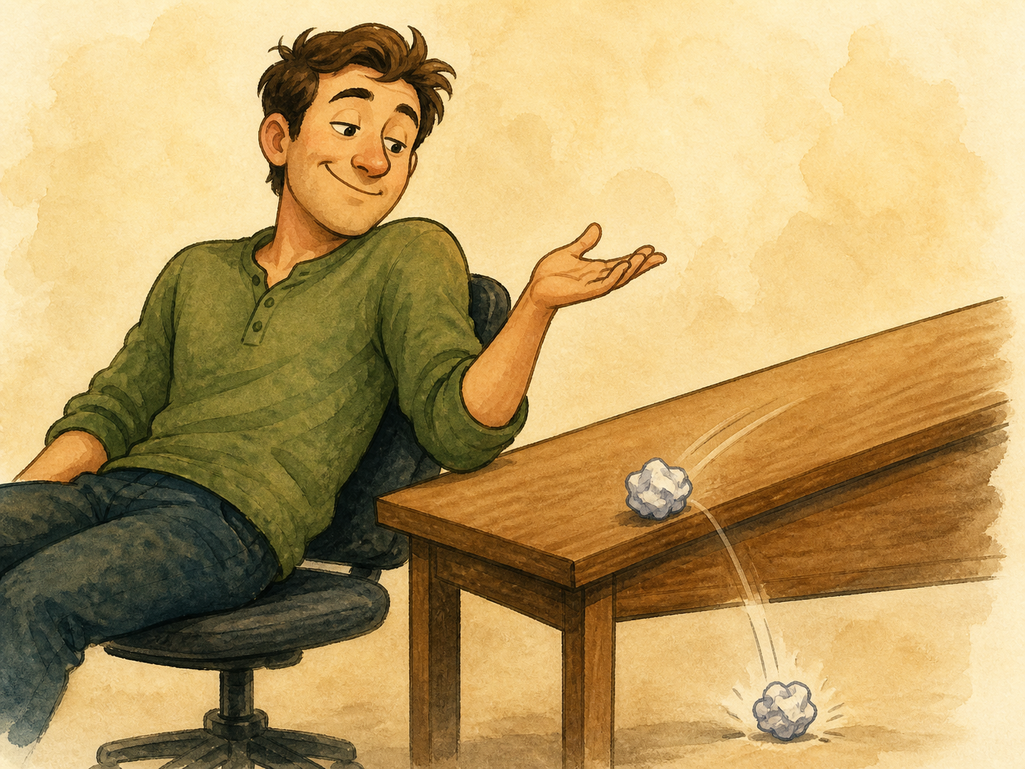 Ilustración divertida de una persona dejando pasar un pequeño problema