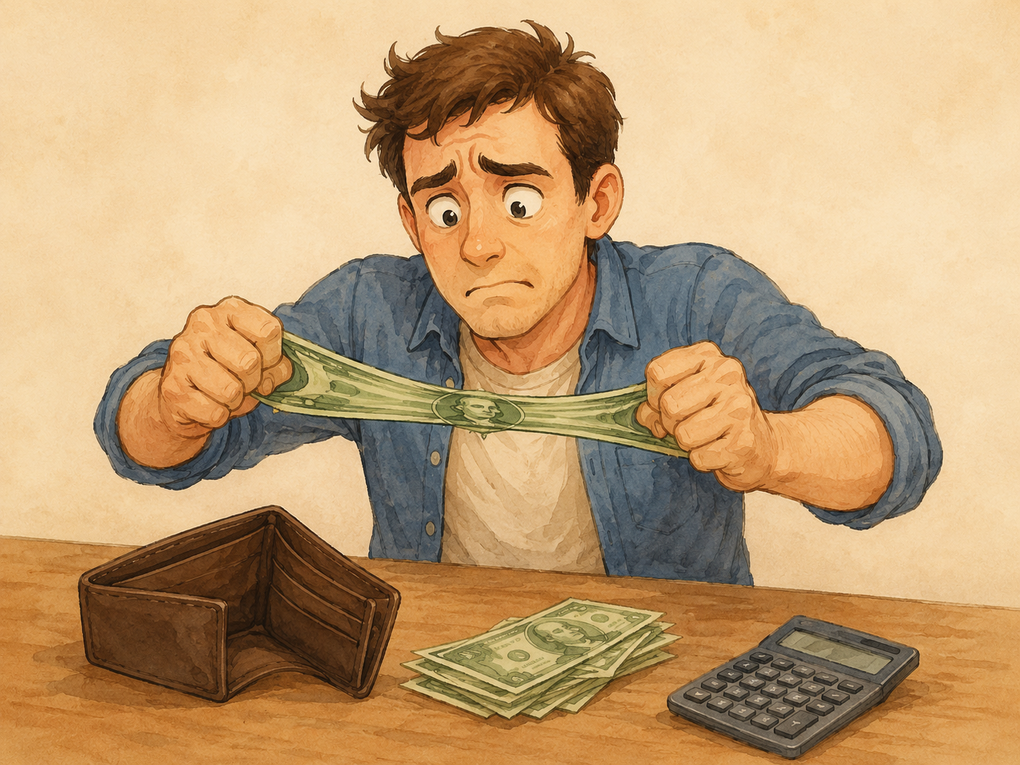 Ilustración cómica de una persona estirando dinero para llegar a fin de mes
