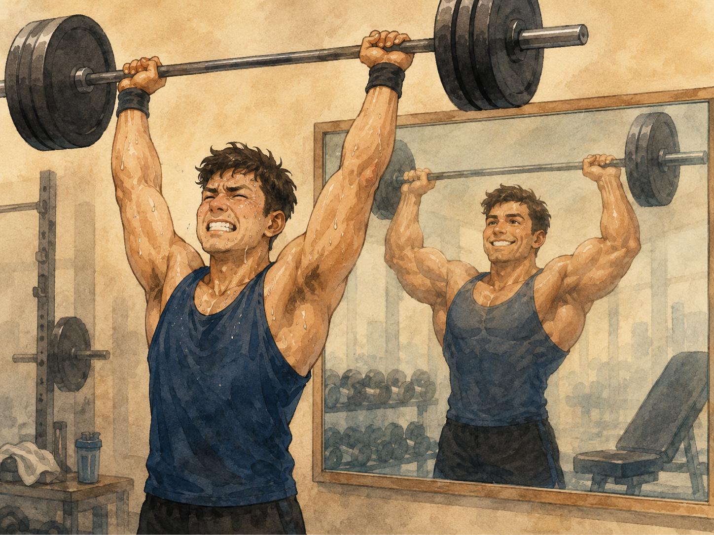 Ilustración divertida de una persona esforzándose en el gimnasio y viendo resultados