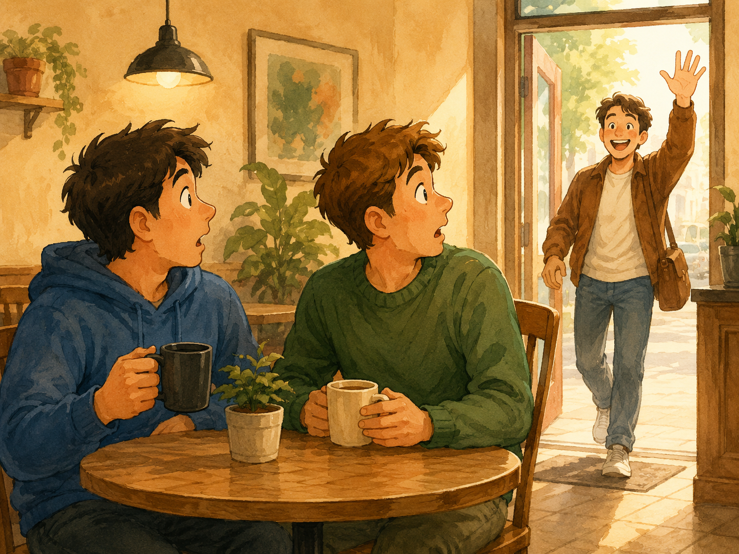 Ilustración cómica de dos personas hablando de alguien justo cuando esa persona aparece