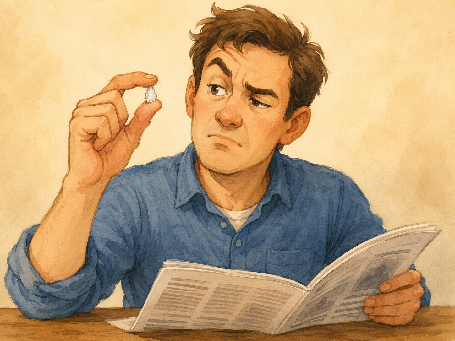 Ilustración cómica de una persona echando apenas unos granitos de sal mientras duda de una información