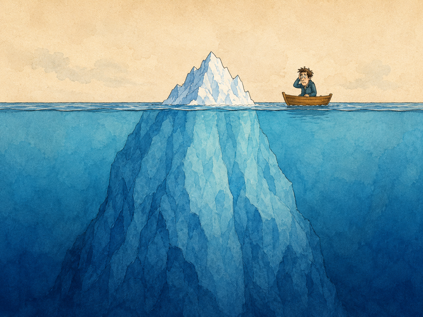 Ilustración de un gran iceberg donde solo se ve una pequeña parte arriba del agua