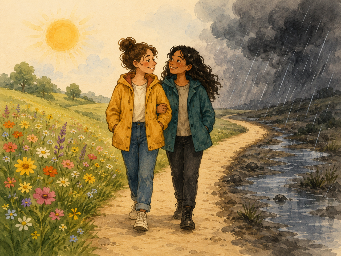 Ilustración de dos personas unidas por una cuerda avanzando juntas en buenos y malos momentos