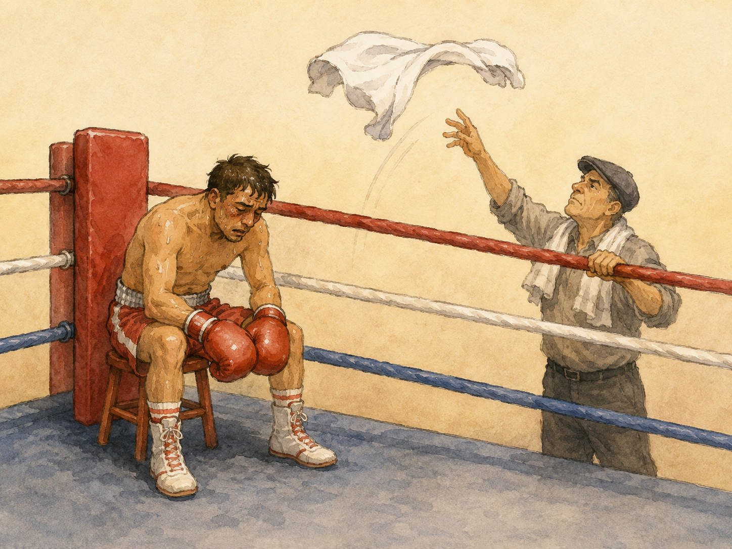 Ilustración cómica de una persona tirando una toalla como señal de rendición