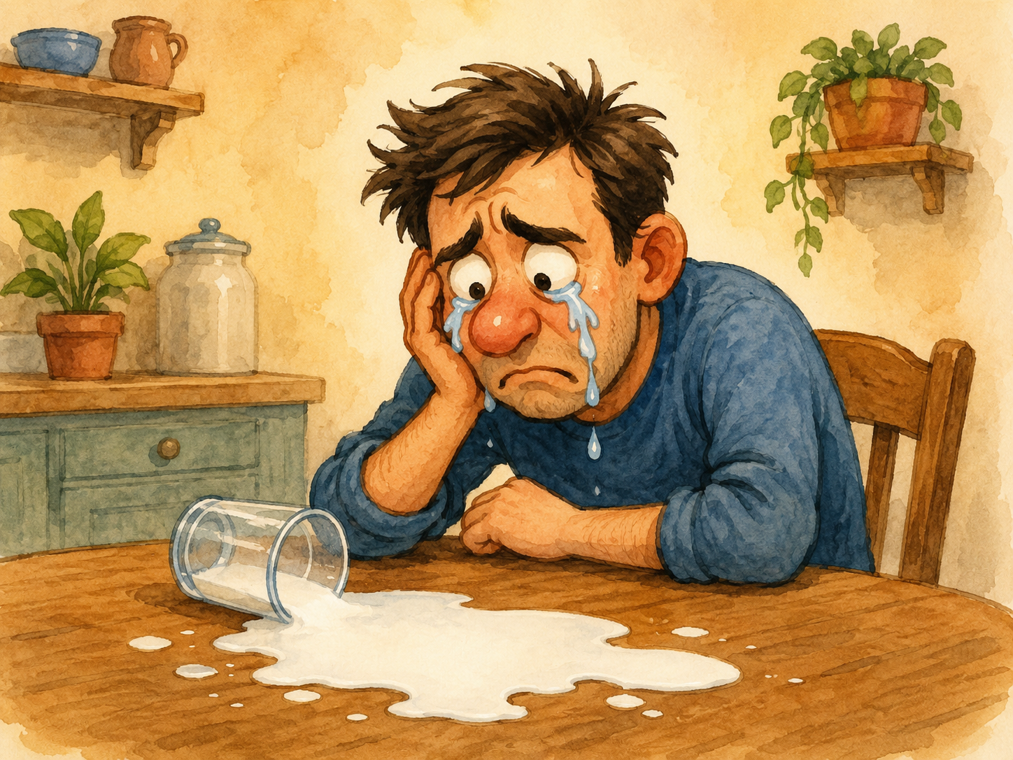 Ilustración divertida de una persona llorando frente a un vaso de leche derramada
