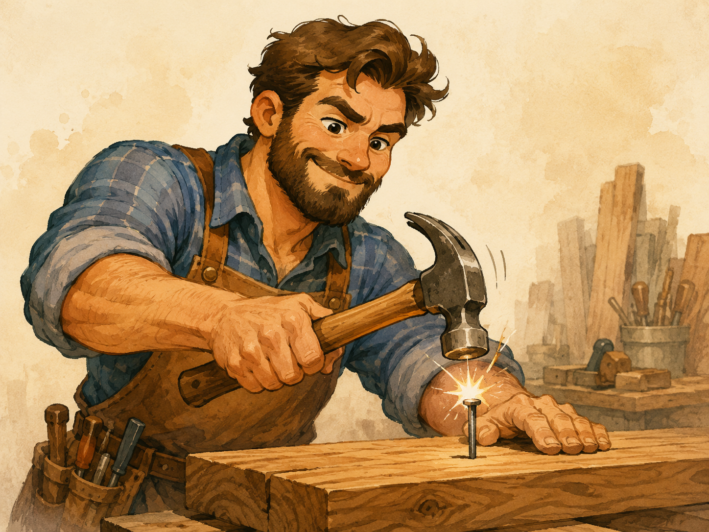Ilustración cómica de una persona acertando exactamente un clavo con un martillo
