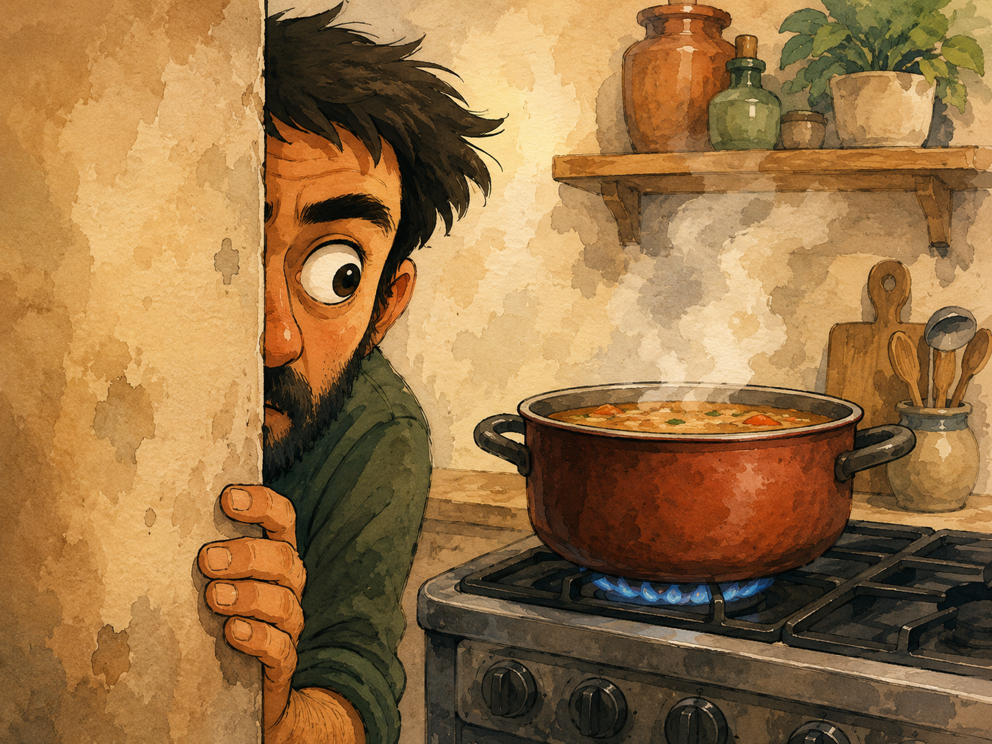 Ilustración de un gran ojo vigilando atentamente mientras una persona observa algo con cuidado