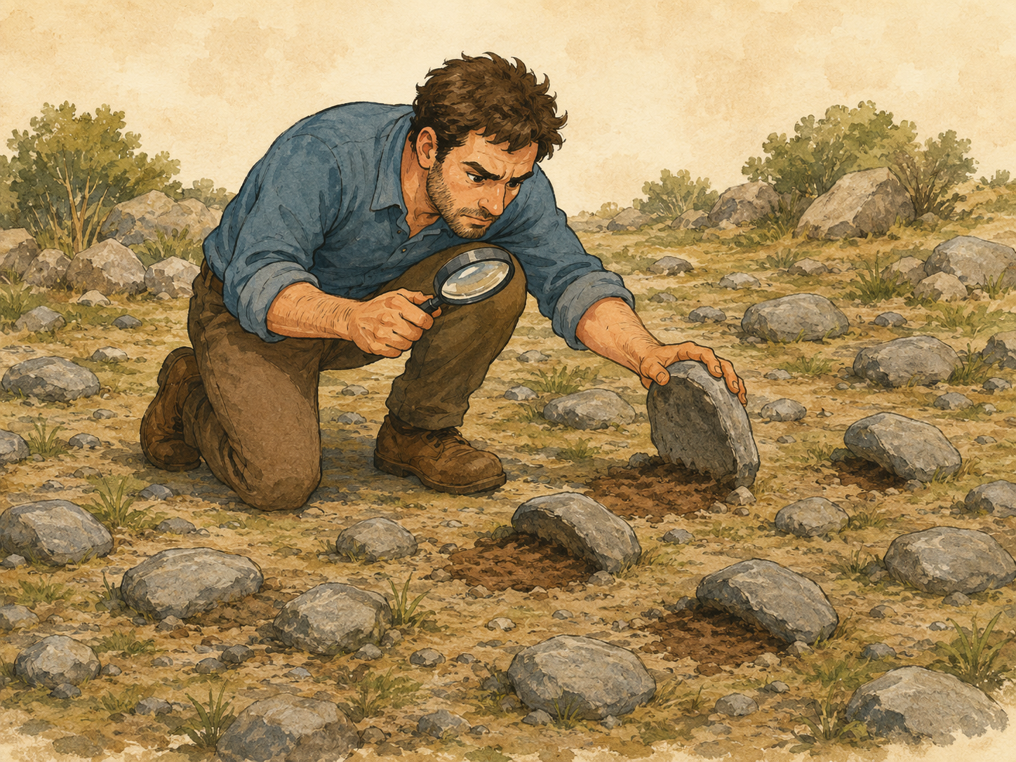 Ilustración de una persona buscando pistas y revisando piedras con una lupa