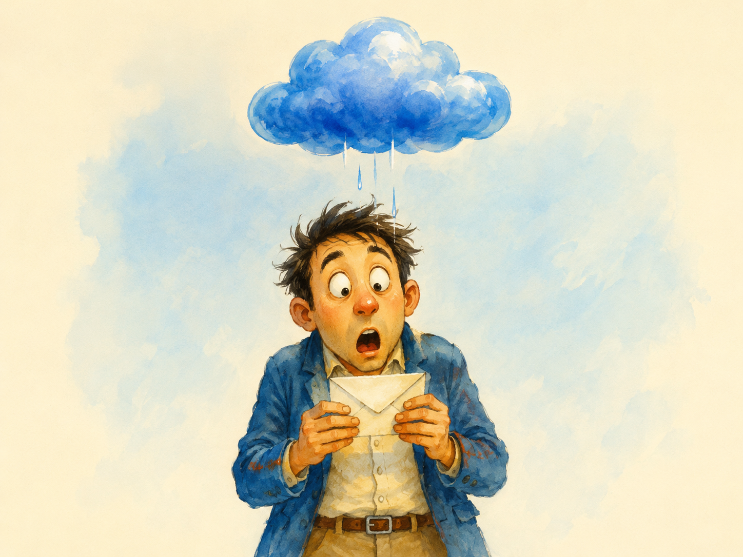 Ilustración cómica de una gran nube azul apareciendo de repente mientras una persona se sorprende