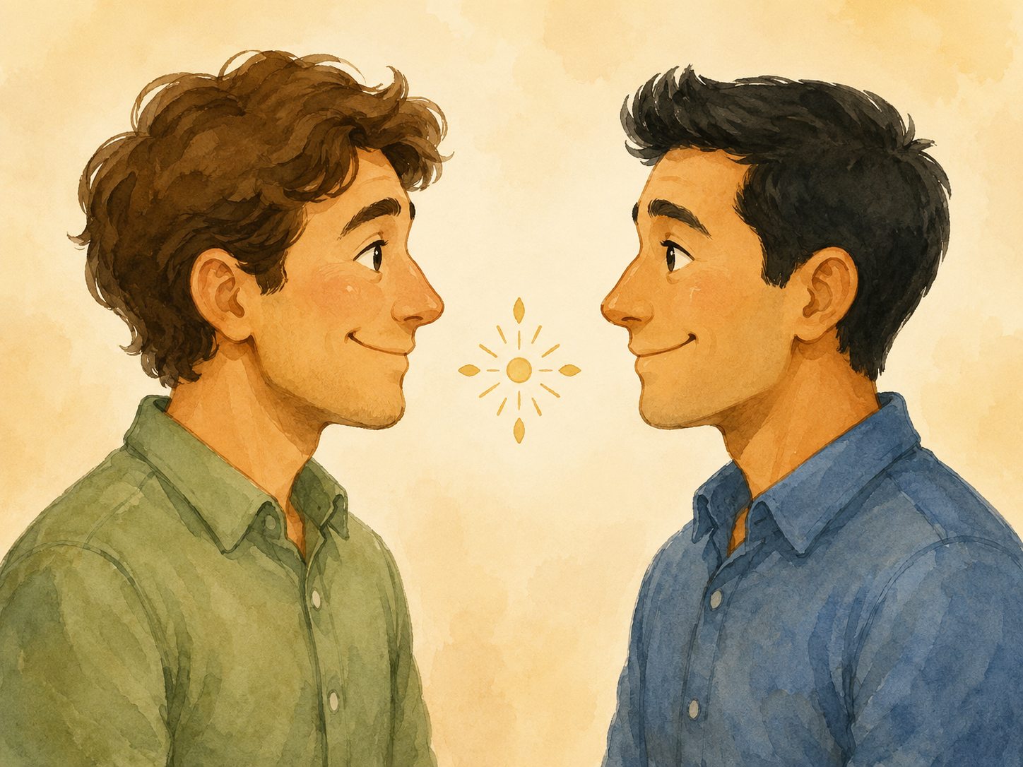 Ilustración de dos personas mirándose y coincidiendo, con un símbolo de acuerdo entre ambas