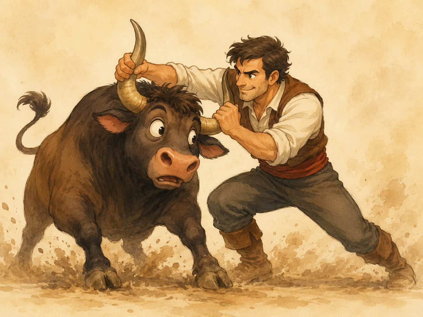 Ilustración de una persona enfrentando con decisión a un toro amistoso y tomándolo por los cuernos