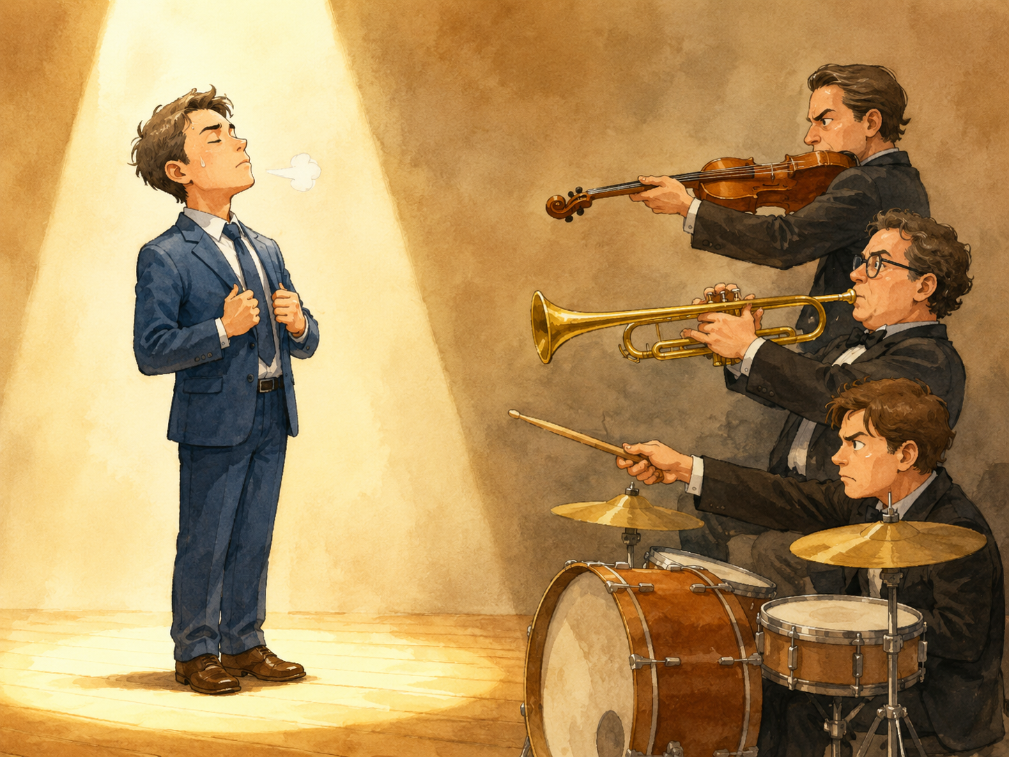 Ilustración cómica de una persona nerviosa frente a notas musicales gigantes y un reflector