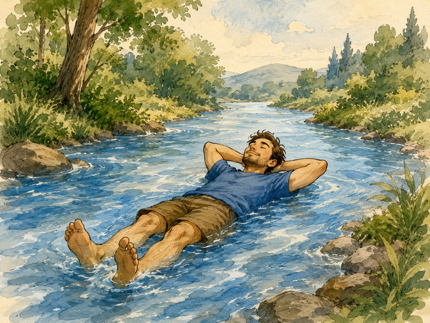 Ilustración visual y cómica para el idiom Go with the flow