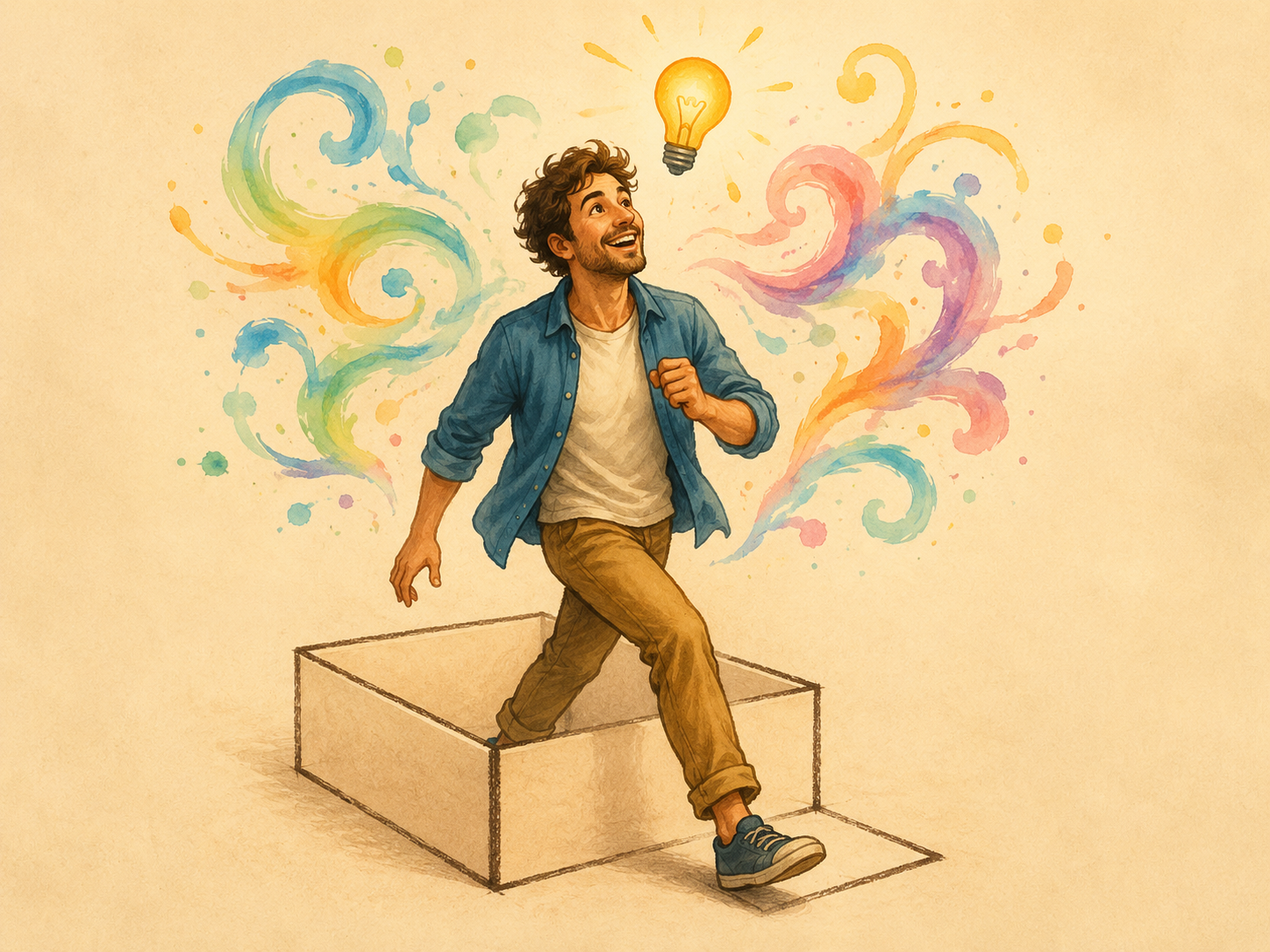 Ilustración visual y cómica para el idiom Think outside the box
