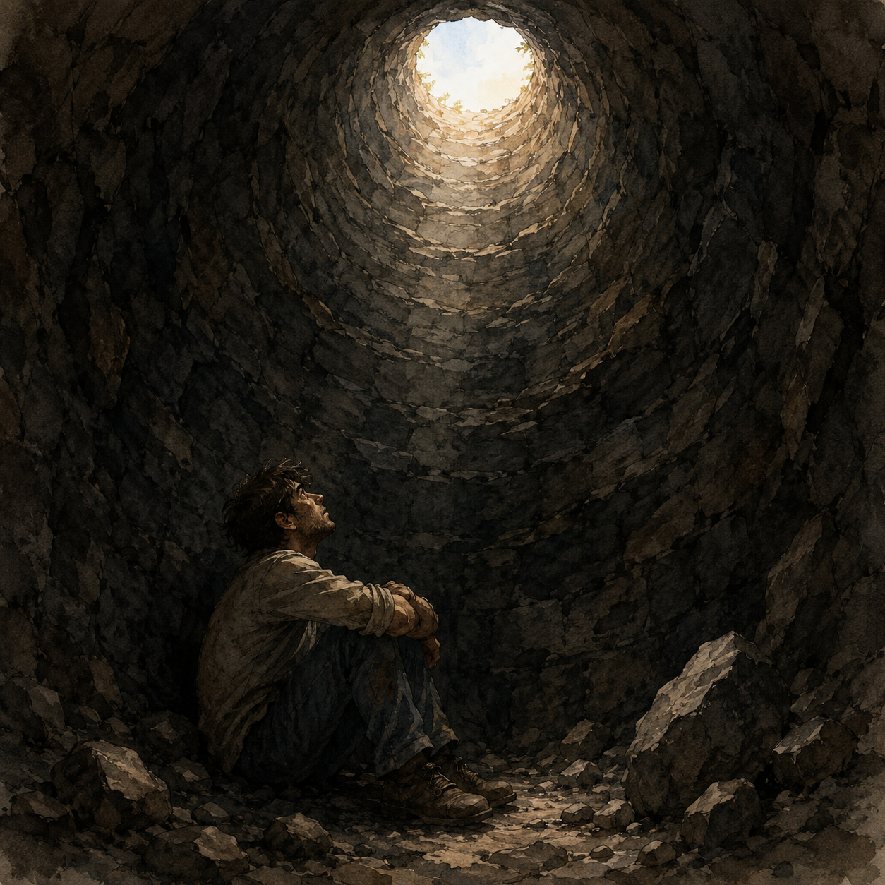 Ilustración visual y cómica para el idiom Hit rock bottom