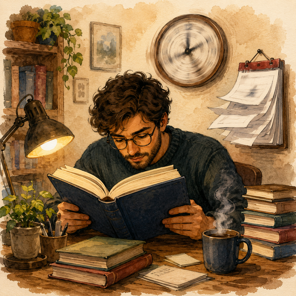 Ilustración visual y cómica para el idiom Lose track of time