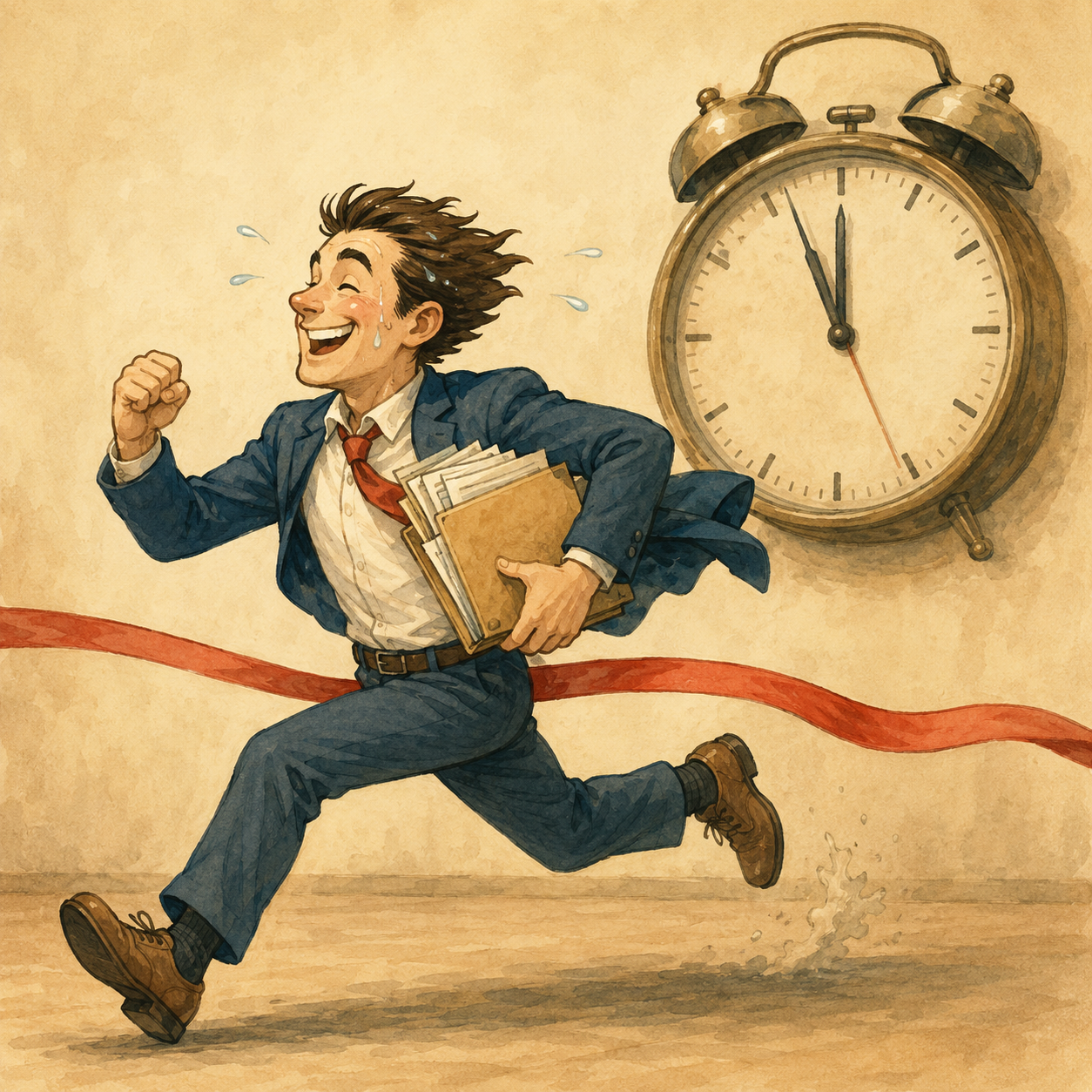 Ilustración visual y cómica para el idiom Beat the clock