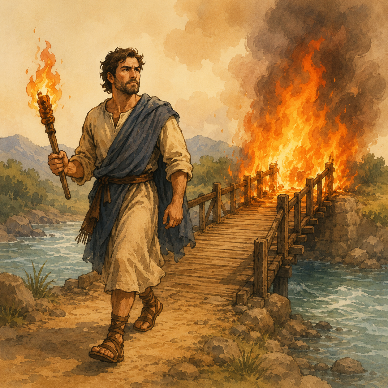Ilustración visual y cómica para el idiom Burn bridges