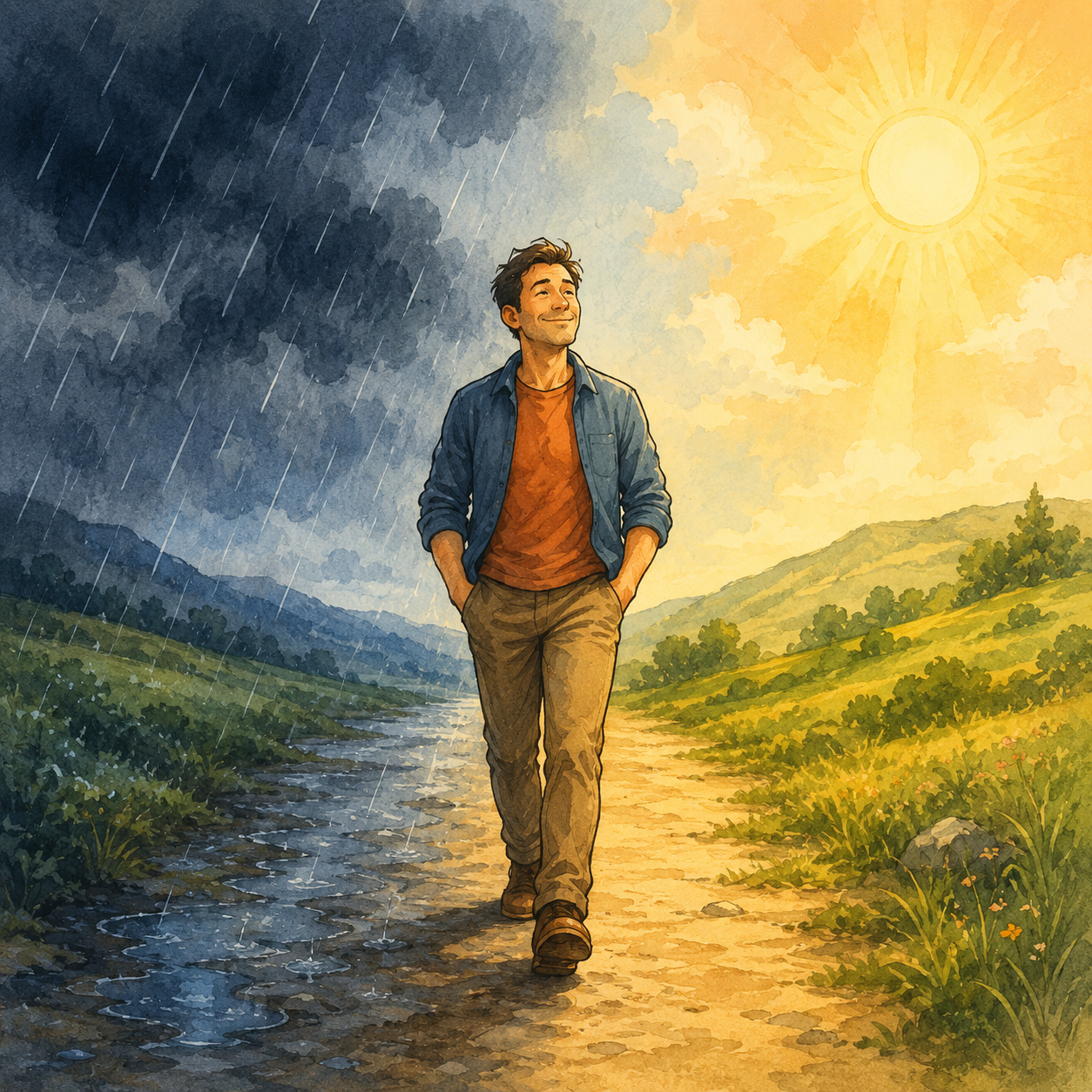 Ilustración visual y cómica para el idiom Come rain or shine